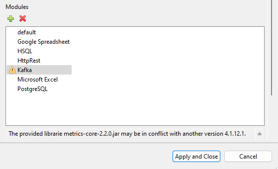 Kafka modules management page with warning showing