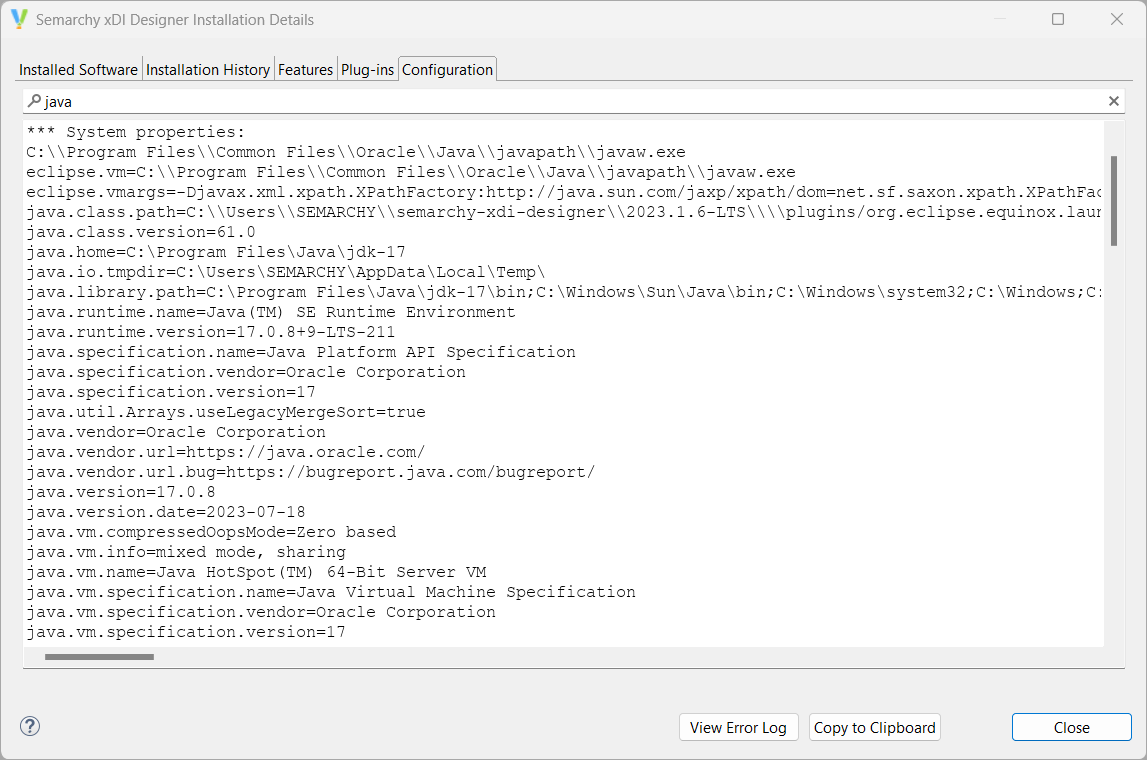 Semarchy xDI installation details section showing relevant java information