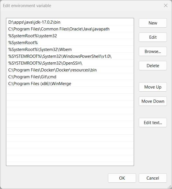 Example of Windows PATH variables with an edited JVM path