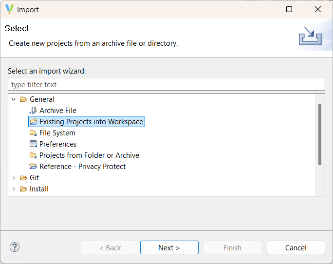 Import a project procedure screenshot