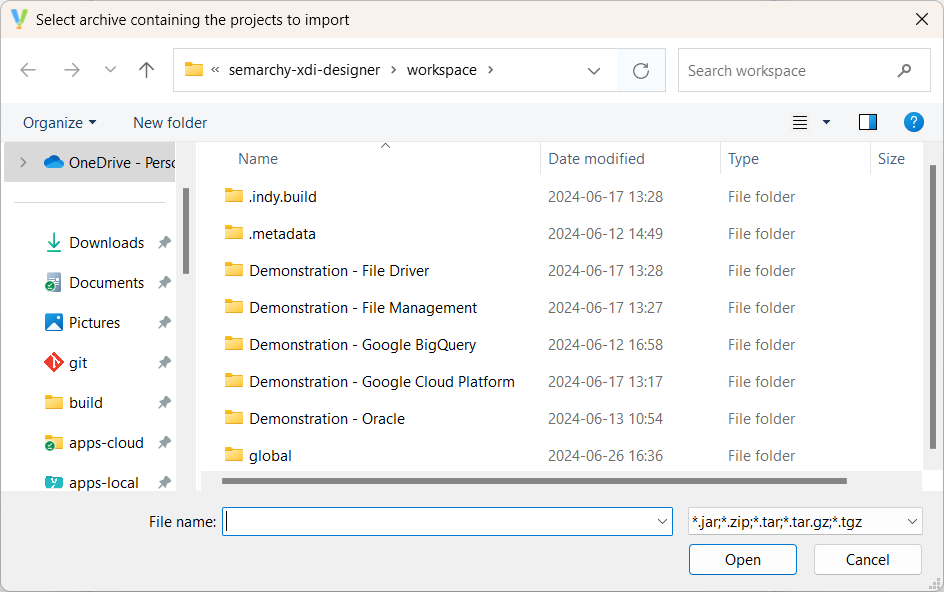 Import a project procedure screenshot