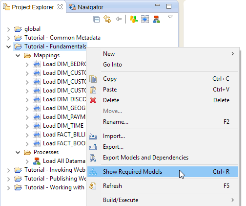 Show object dependencies with the Required Models view. procedure screenshot contextMenu