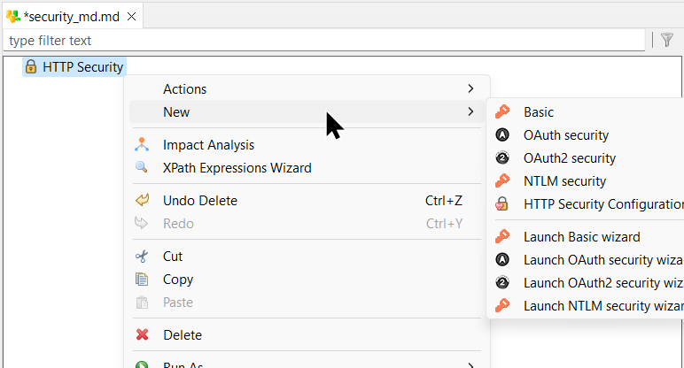 HTTP Security metadata submenu labeled New