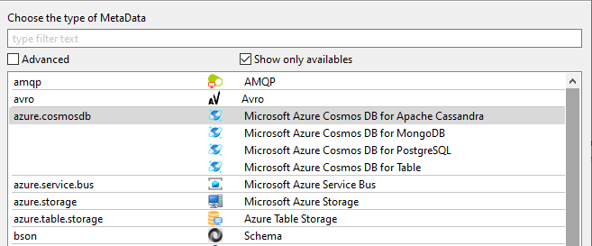 Overview of available Cosmos DB APIs in the metadata creation wizard