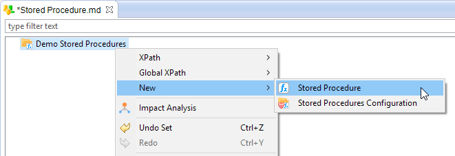 Screenshot of the menu entry to create a new stored procedure node