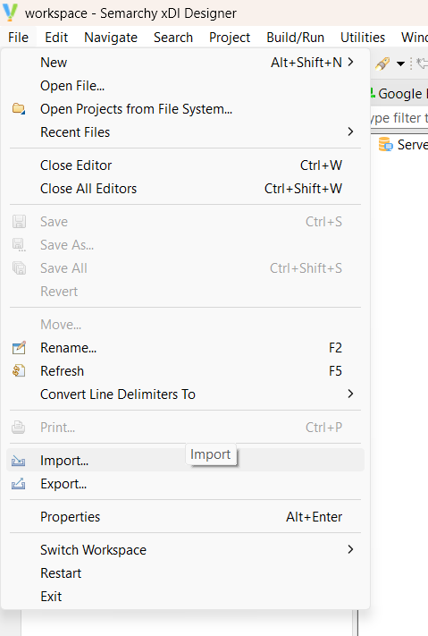 Import a project procedure screenshot